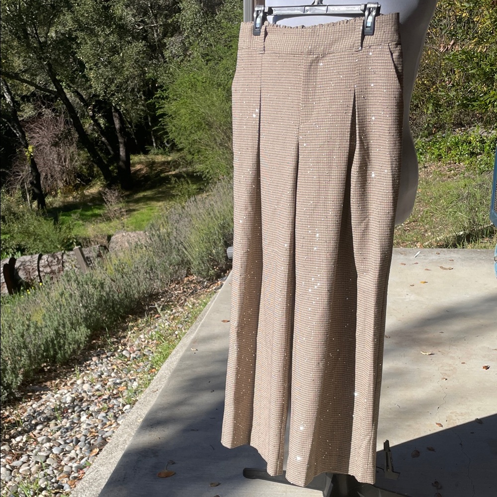 Houndstooth Brown Wide-Leg Trousers with Gold sequins and thread - Picture 1 of 8